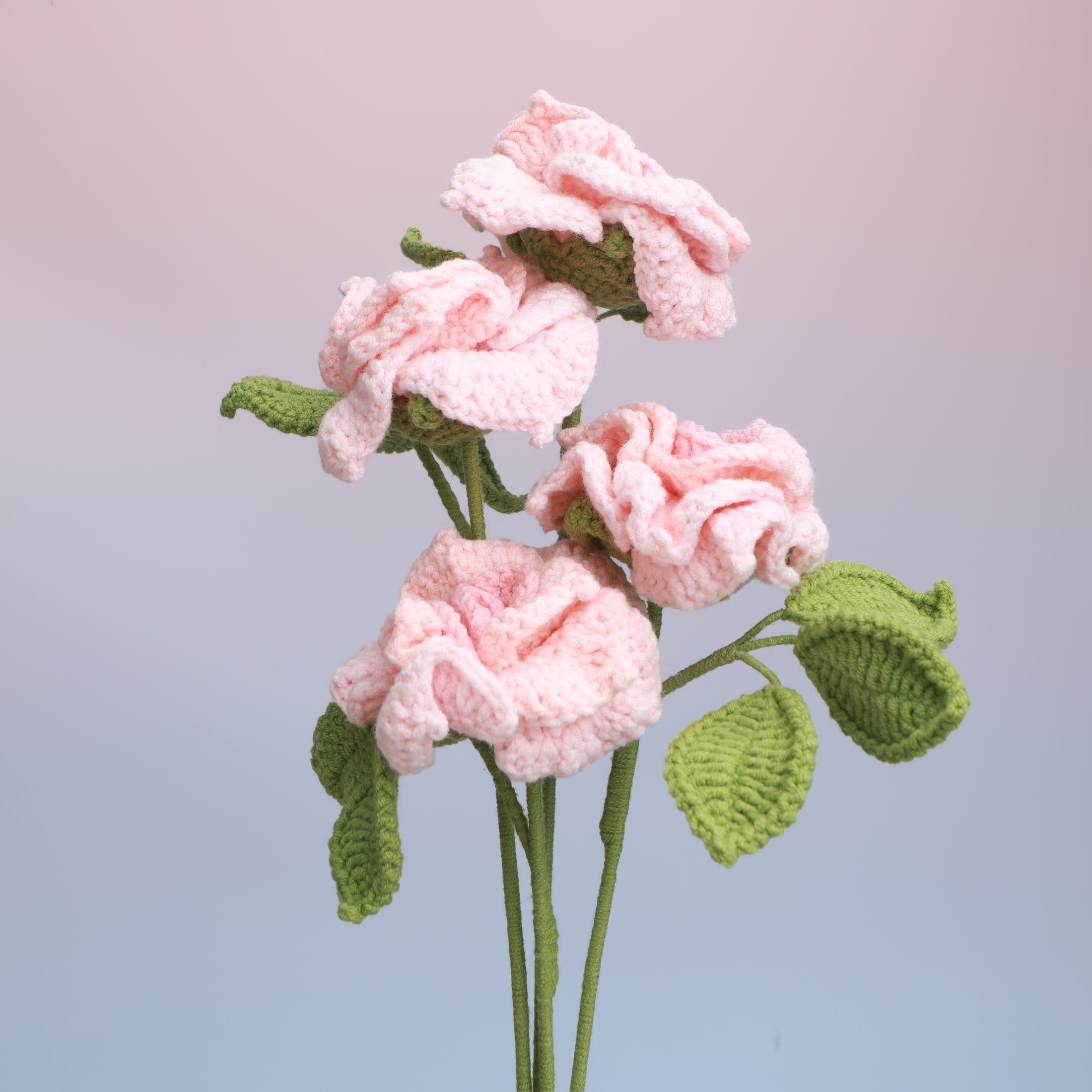 Handmade crochet garden rose flower stem in pink