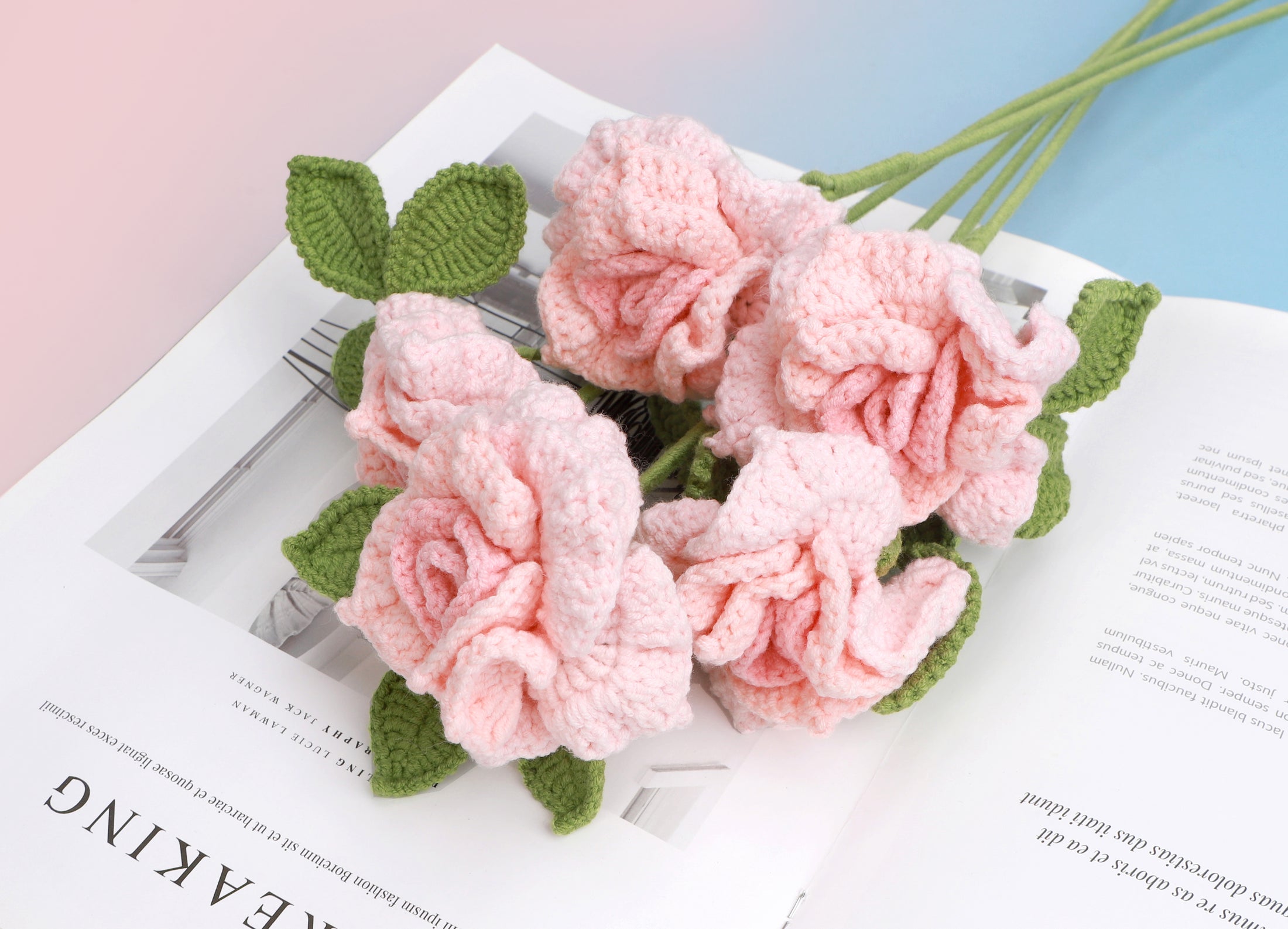 Handmade crochet garden rose in pink