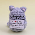 Handmade crochet cat holding a love card