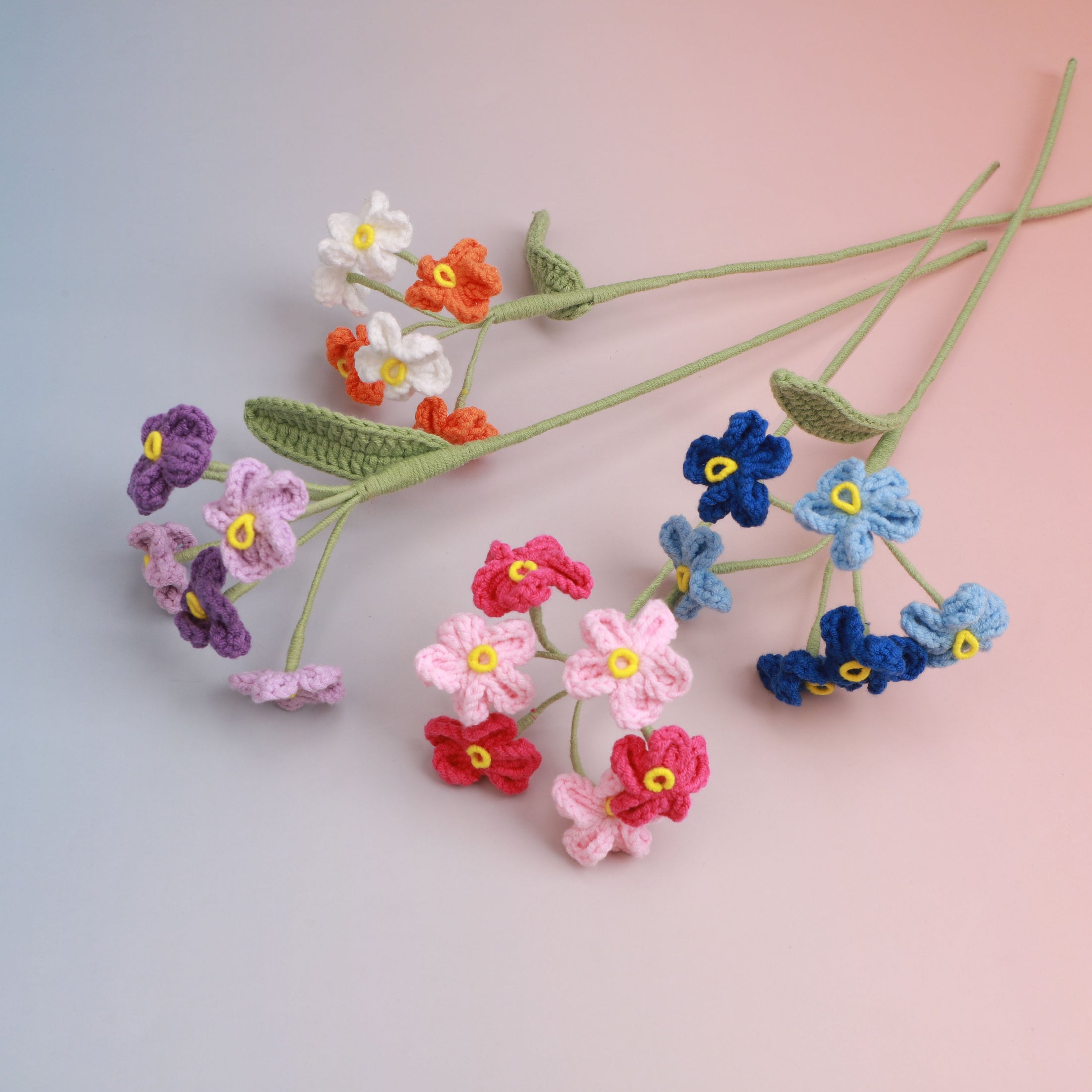 Handmade crochet forget-me-not stems in mixed colors