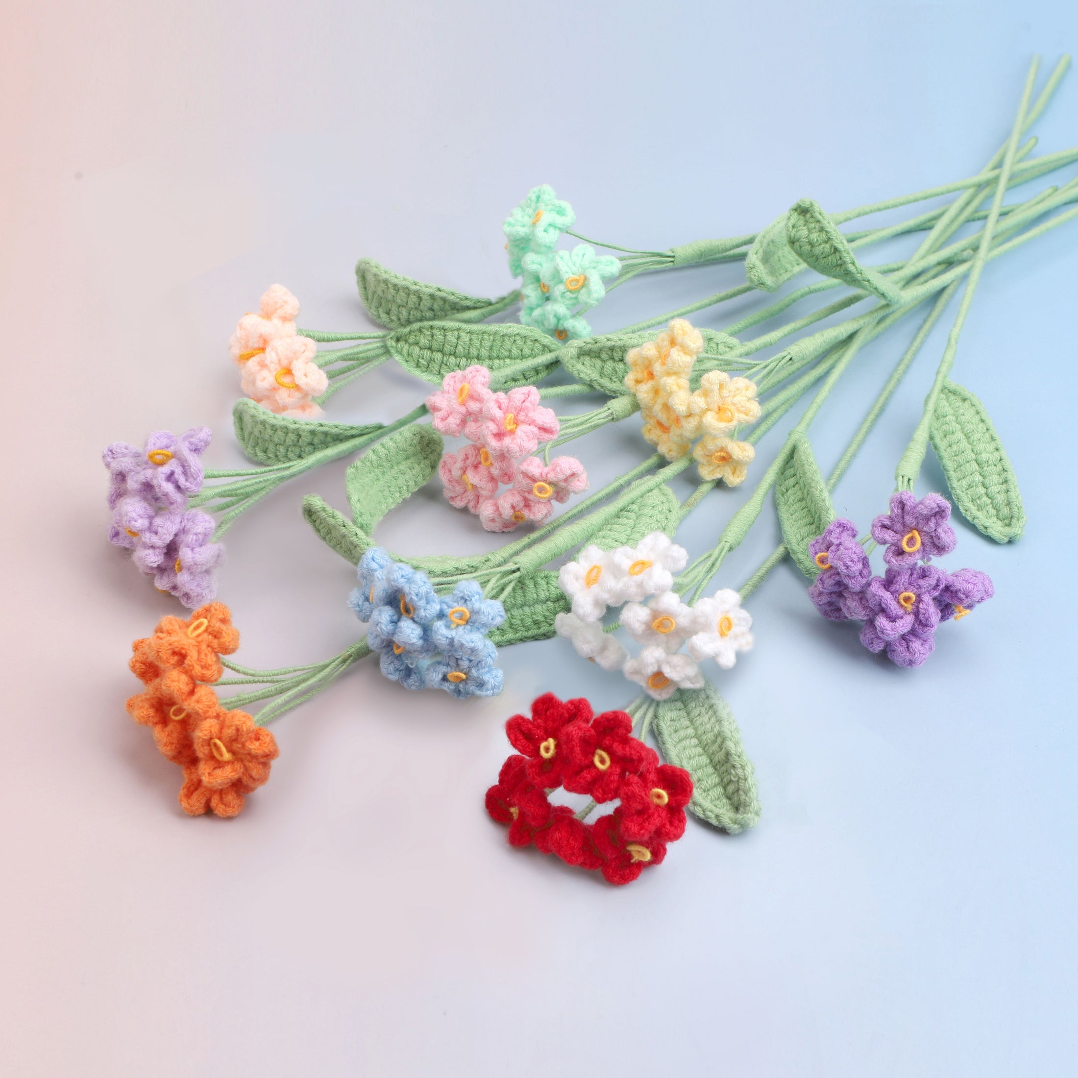 Handmade crochet forget-me-not flower stems