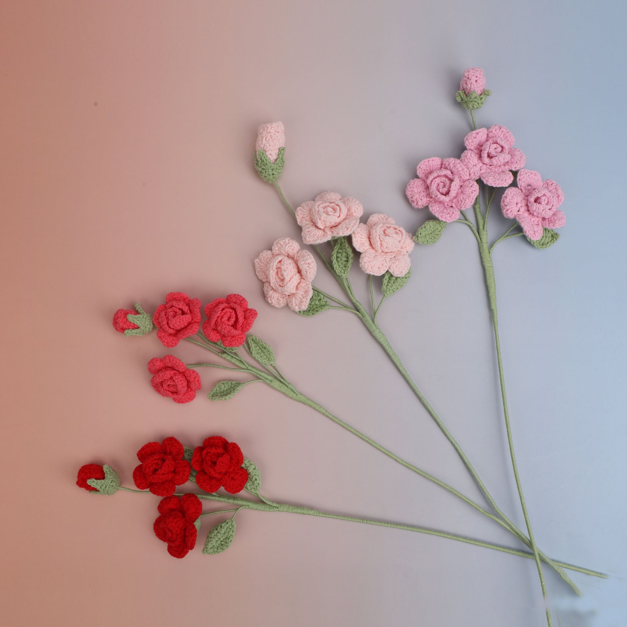 Handmade crochet pink rose flower stem