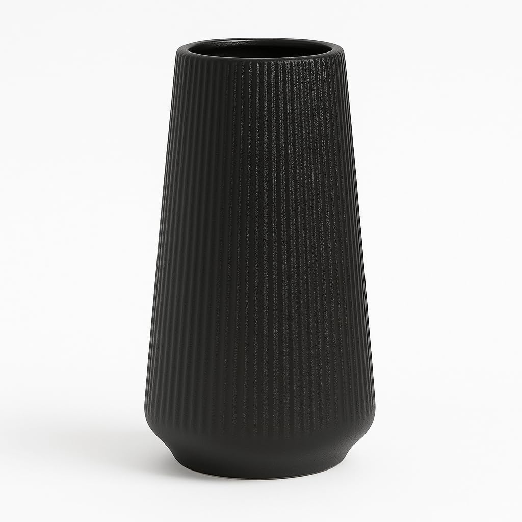 Colette taper fluted ceramic vase in black, matte finish