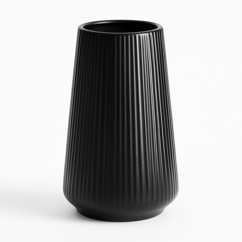 Colette taper fluted ceramic vase in black, gloss finish