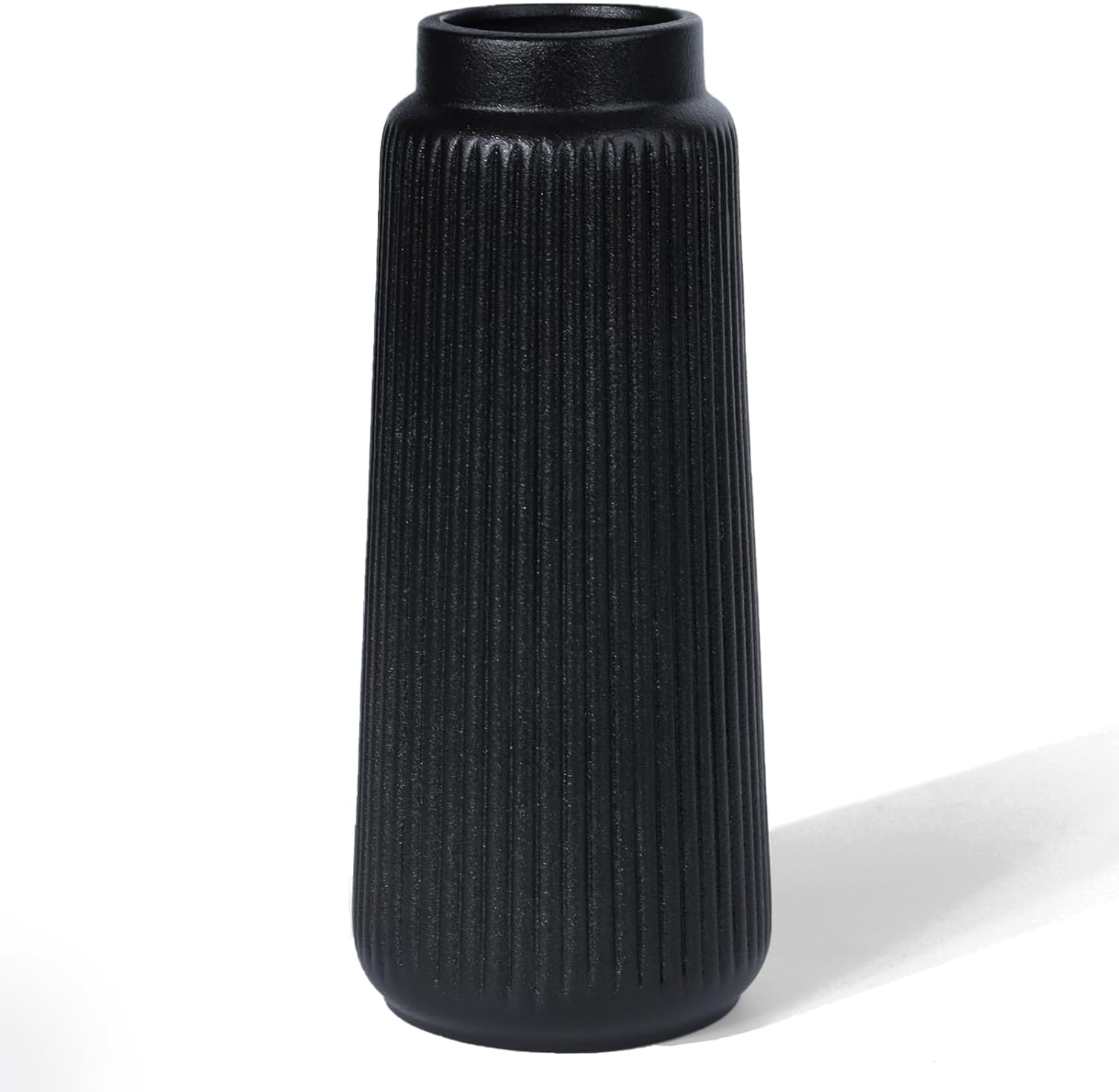 Colette carafe fluted ceramic vase in black, matte finish