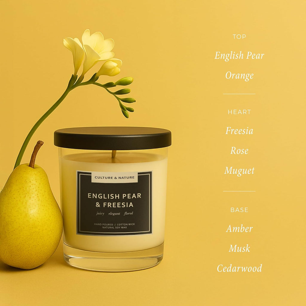 CULTURE & NATURE soy wax candle lifestyle shot, English Pear & Freesia