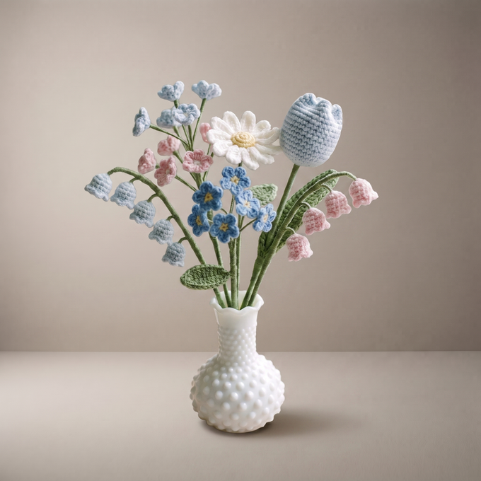 Handmade crochet new baby bouquet of soft blue and pink pastel flowers in a vase