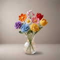 Handmade crochet new baby bouquet of soft blue and pink pastel flowers in a vase