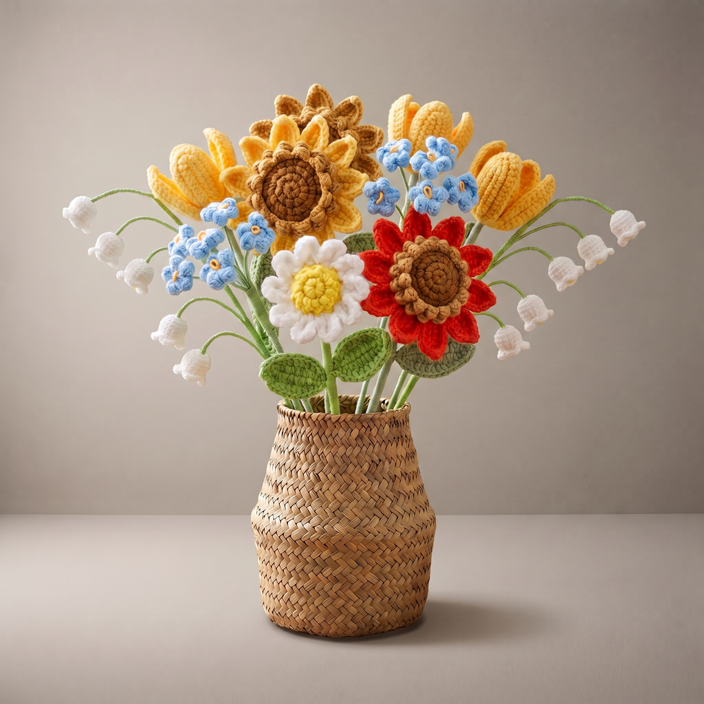 Handmade crochet thank you bouquet of golden sunflowers, daisies and forget-me-nots in a vase