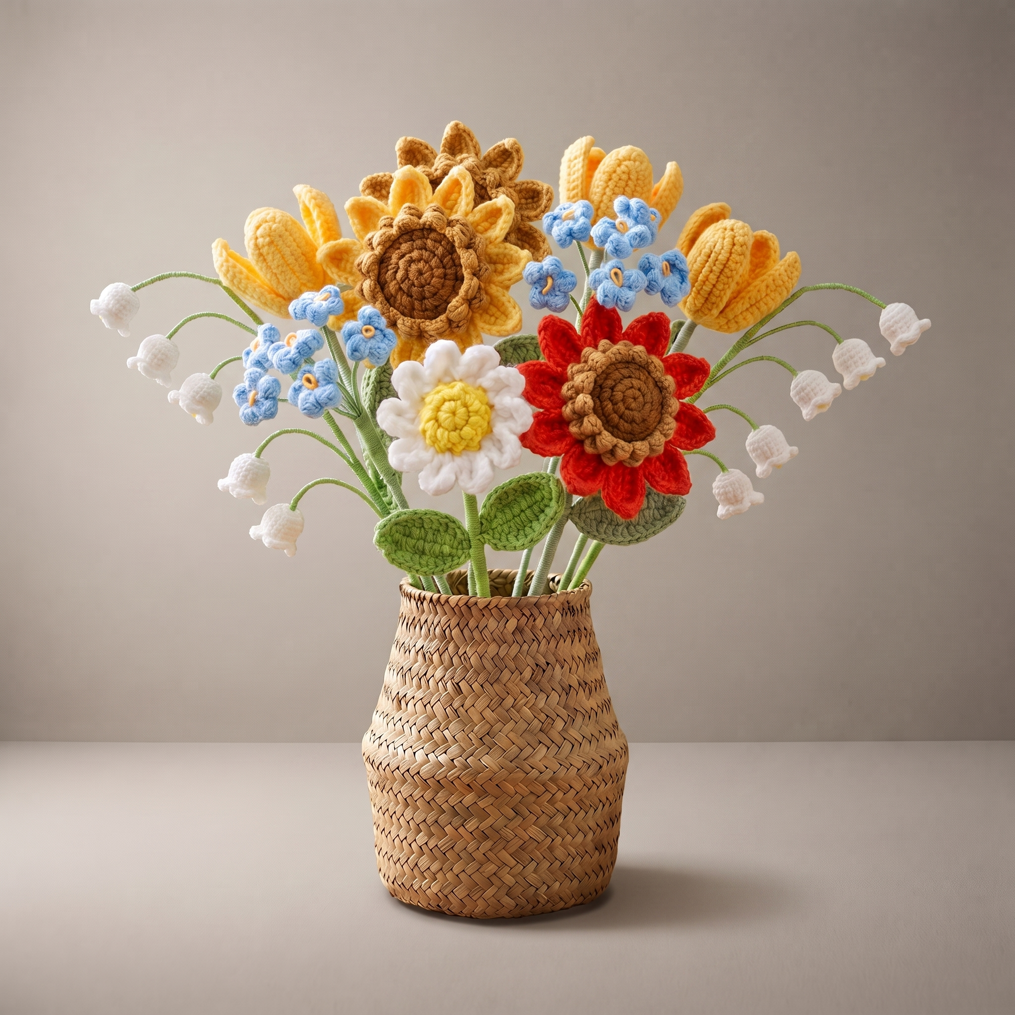 Handmade crochet thank you bouquet of golden sunflowers, daisies and forget-me-nots in a vase